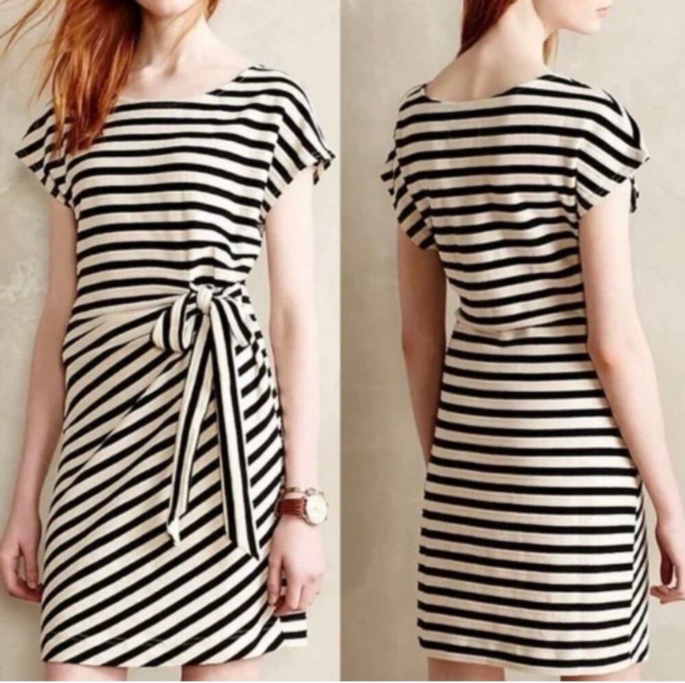 Anthropologie Saturday Sunday Womens Dress Small S Navy White Stripe Waist Tie